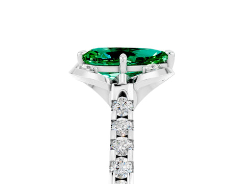 White gold Pear Cut Emerald Ring with Pavé Band and Floral Prong Setting_5