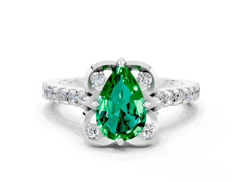 White gold Pear Cut Emerald Ring with Pavé Band and Floral Prong Setting