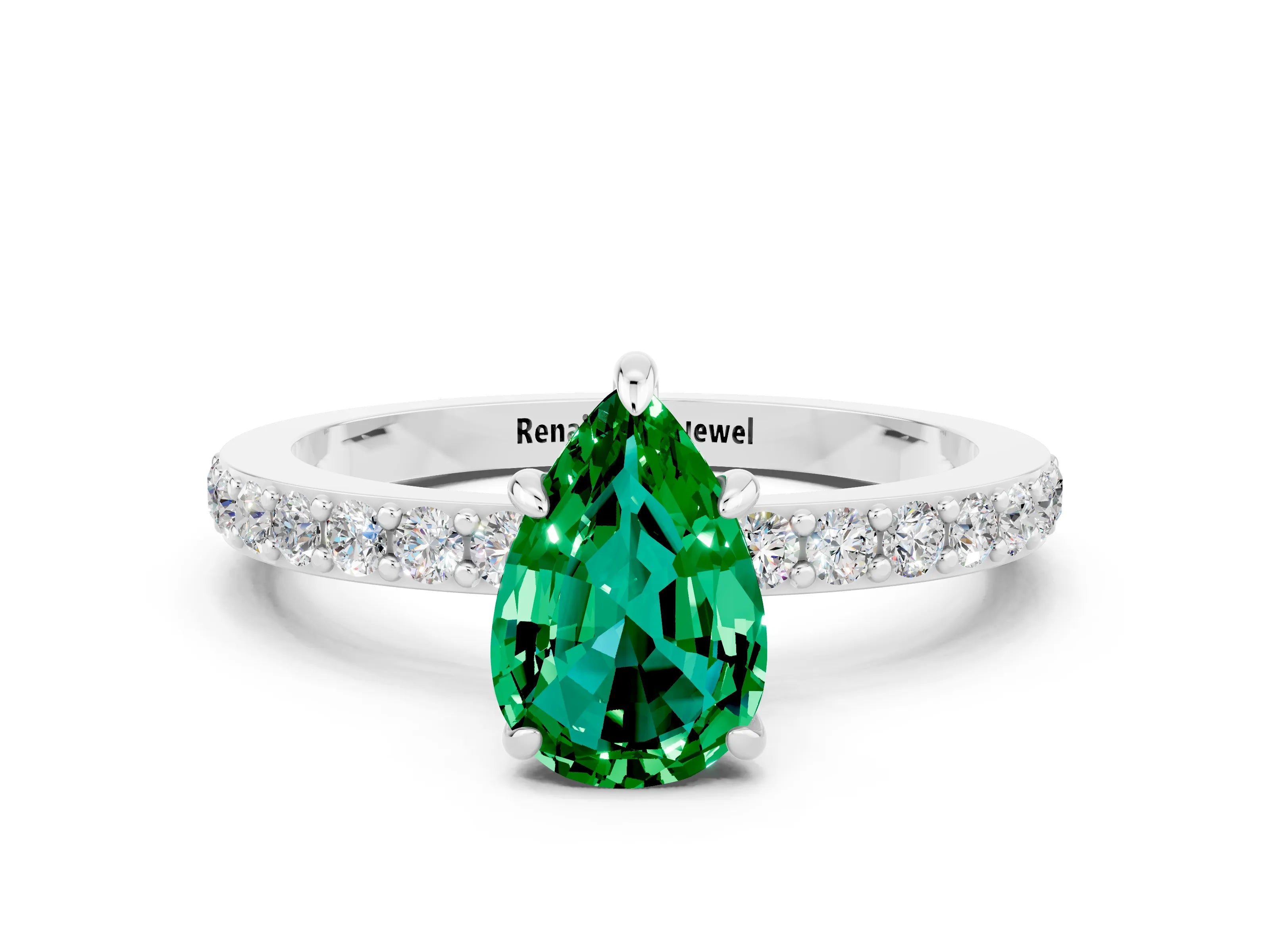 White gold Pear Cut Emerald Ring with Pavé Band and Four-Prong Setting