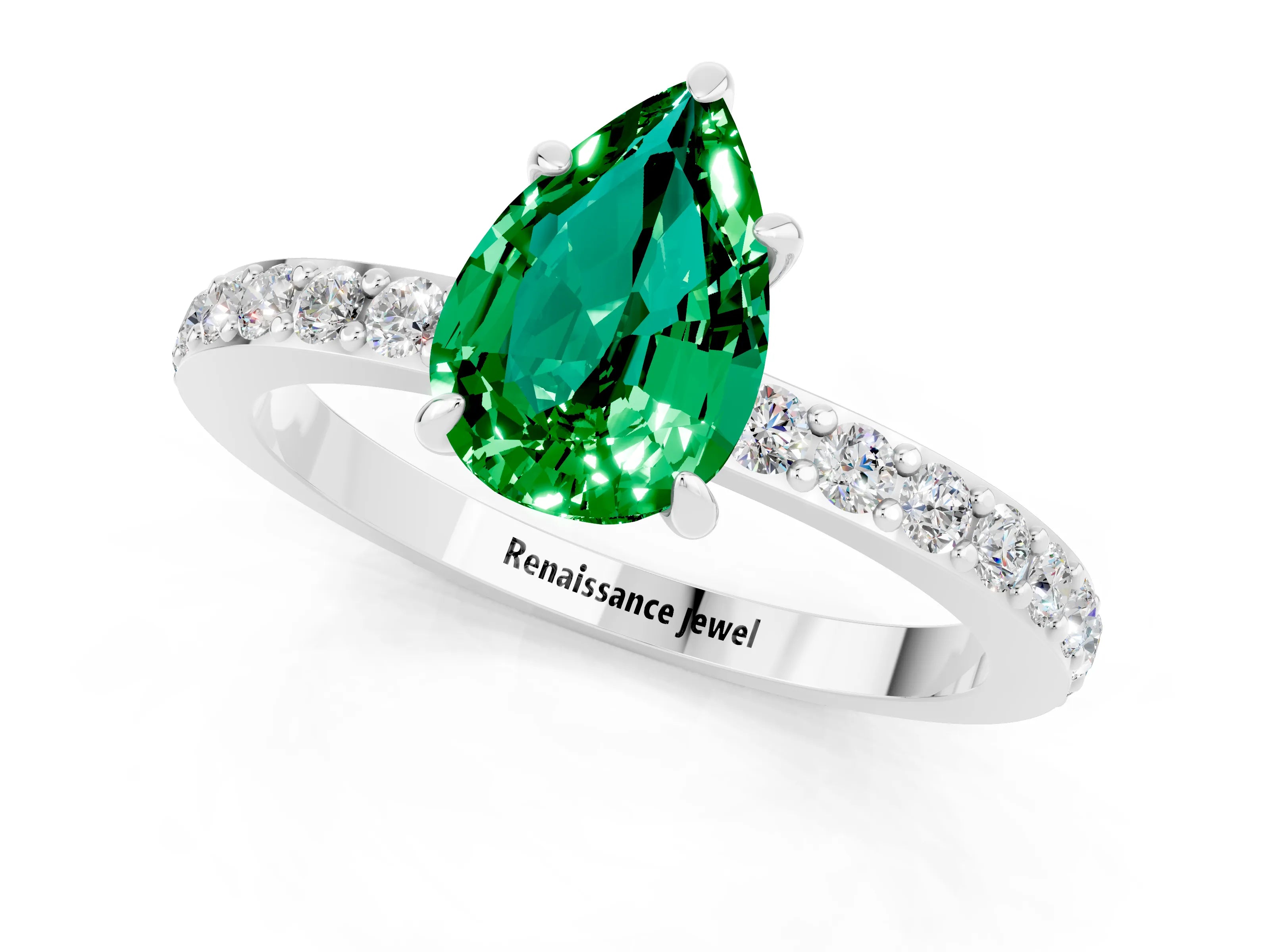 White gold Pear Cut Emerald Ring with Pavé Band and Four-Prong Setting_1