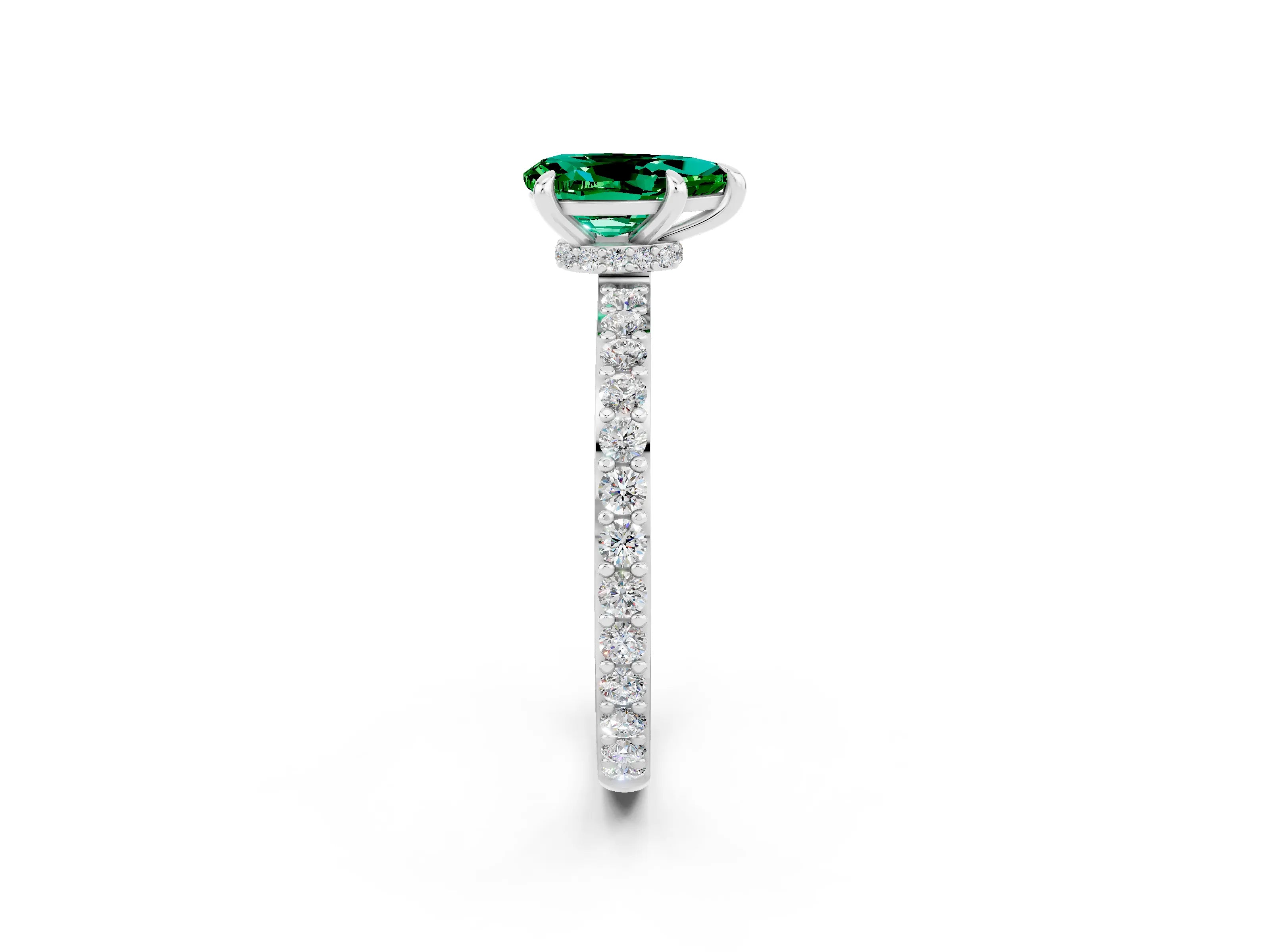 White gold Pear Cut Emerald Ring with Pavé Band and Four-Prong Setting_2