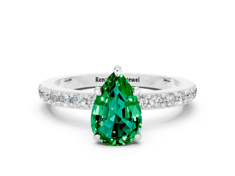 White gold Pear Cut Emerald Ring with Pavé Band and Four-Prong Setting