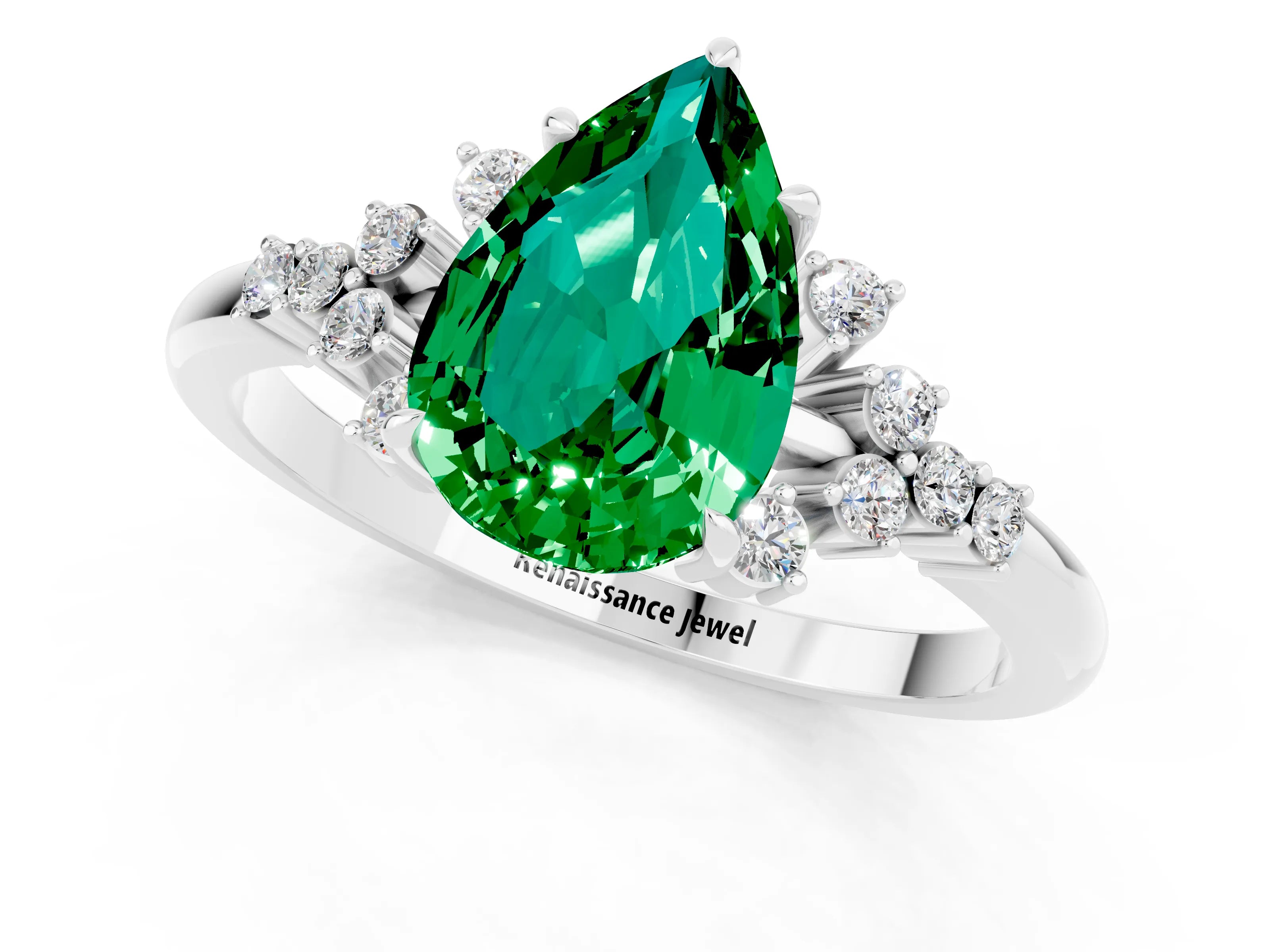 White gold Pear Cut Emerald Ring with Side Stones and Four-Prong Setting_37