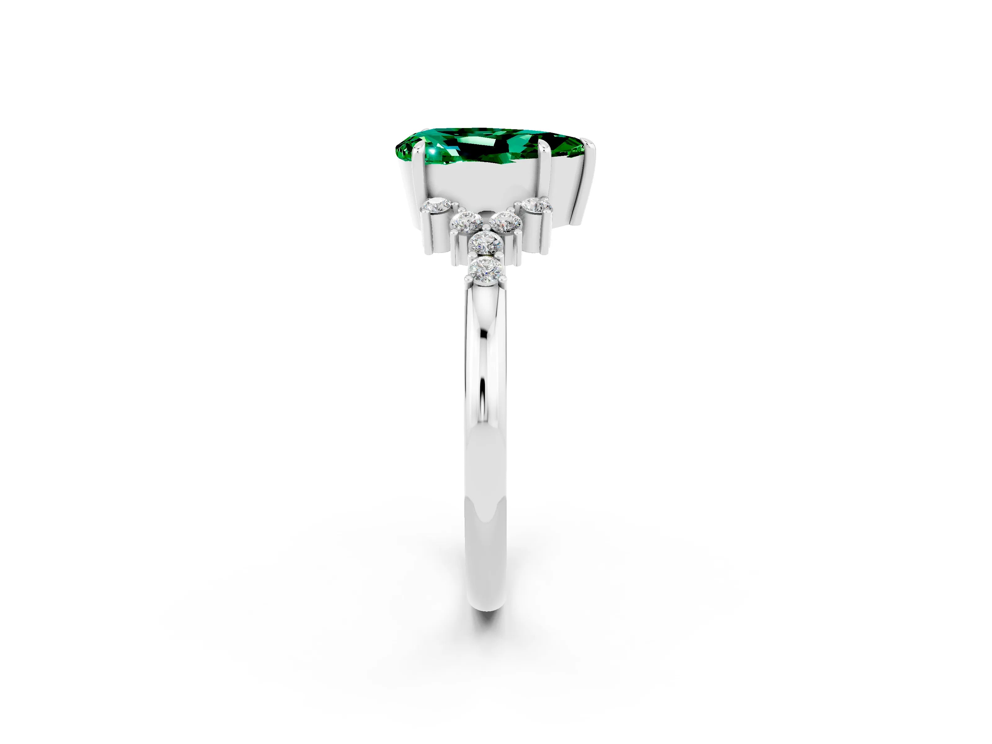 White gold Pear Cut Emerald Ring with Side Stones and Four-Prong Setting_38