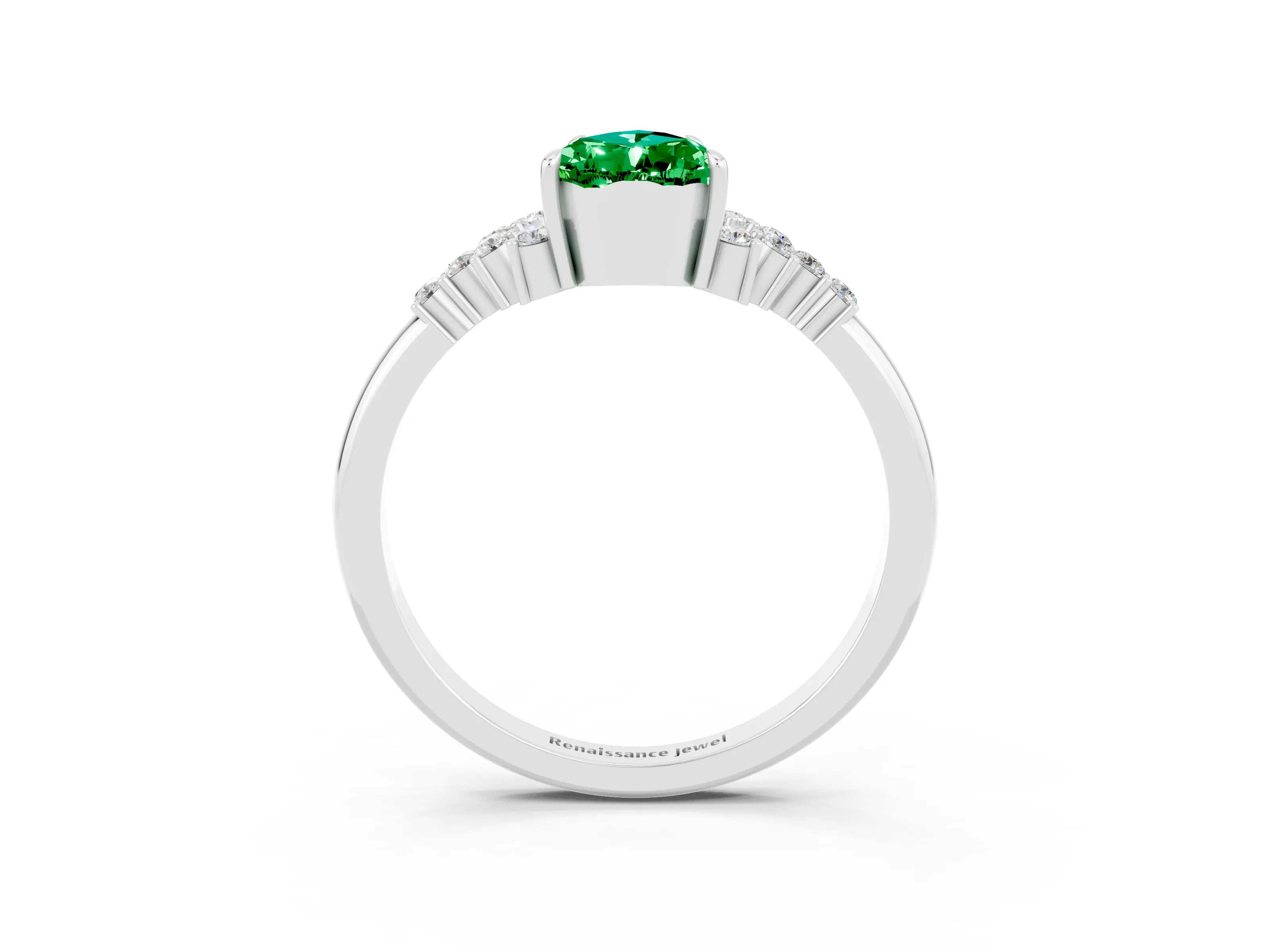 White gold Pear Cut Emerald Ring with Side Stones and Four-Prong Setting_39