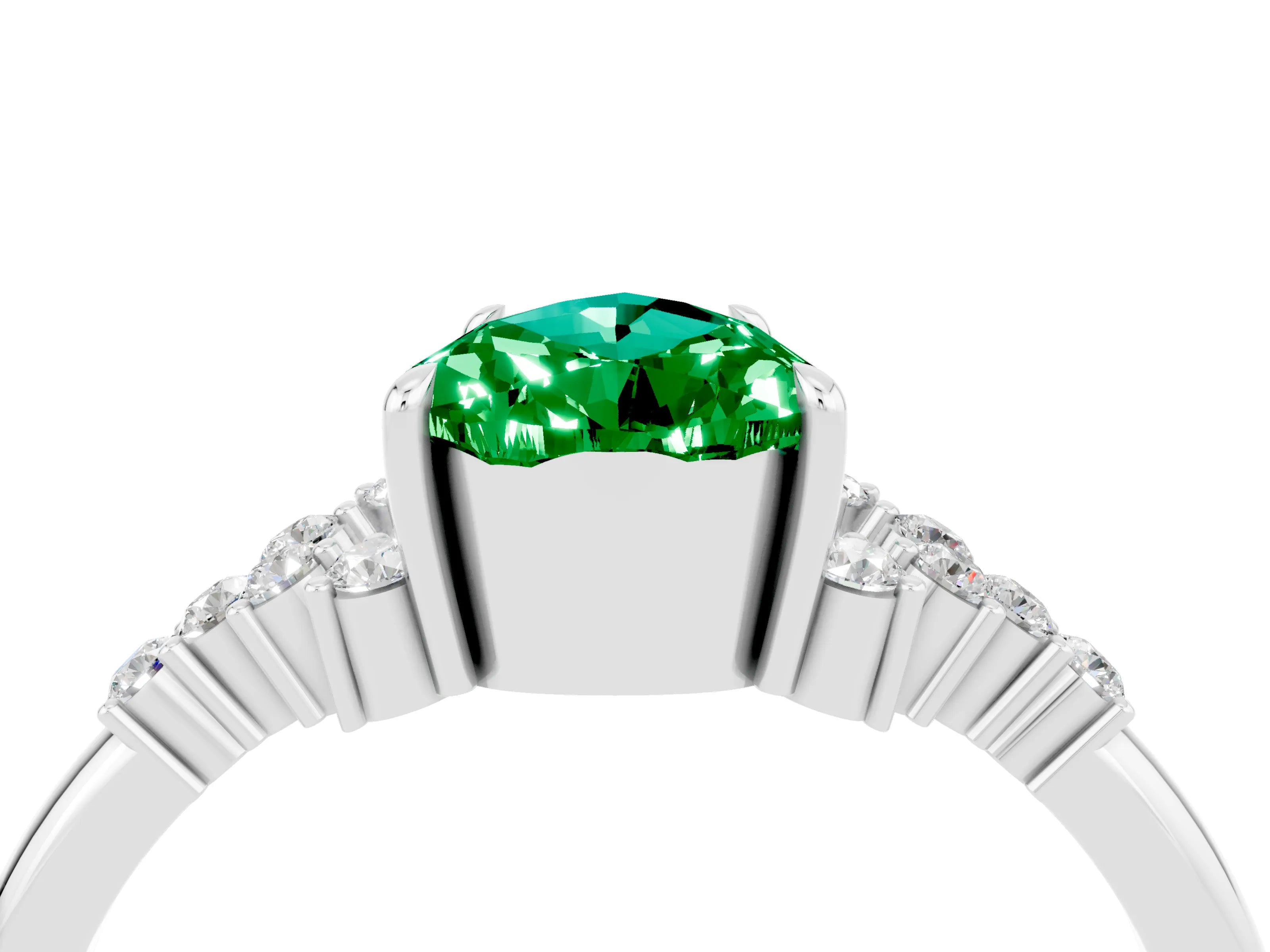 White gold Pear Cut Emerald Ring with Side Stones and Four-Prong Setting_40