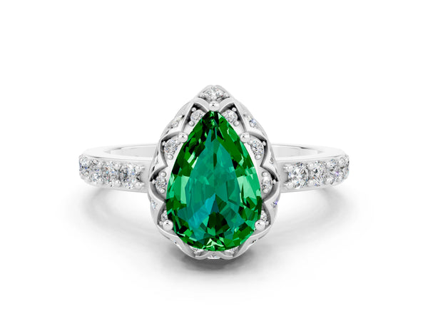 Platinum Pear Cut Emerald Scalloped Halo Engagement Ring with Round Shared Prong Band