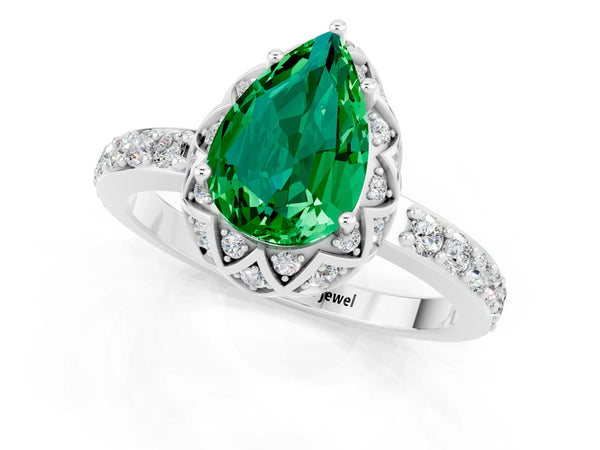 Platinum Pear Cut Emerald Scalloped Halo Engagement Ring with Round Shared Prong Band