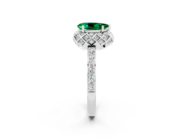Platinum Pear Cut Emerald Scalloped Halo Engagement Ring with Round Shared Prong Band