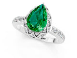 White gold Pear Cut Emerald Scalloped Halo Engagement Ring with Round Shared Prong Band_25