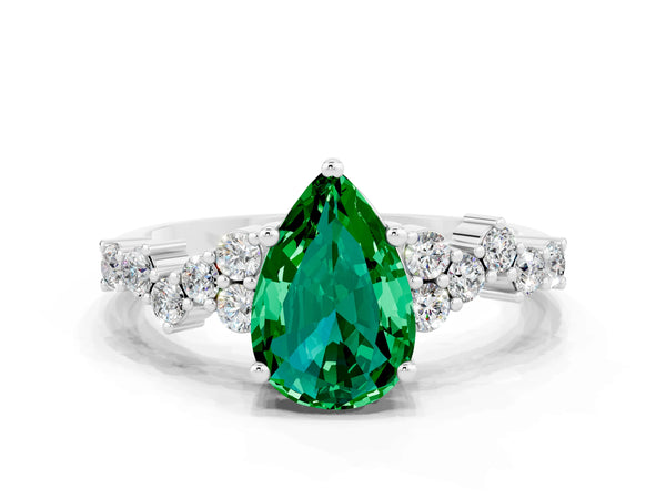 White gold Pear Cut Emerald Scattered Round Accent Ring with Prong Setting