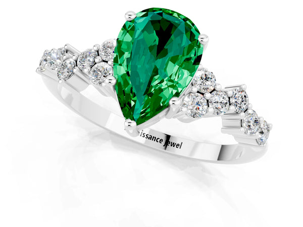 White gold Pear Cut Emerald Scattered Round Accent Ring with Prong Setting