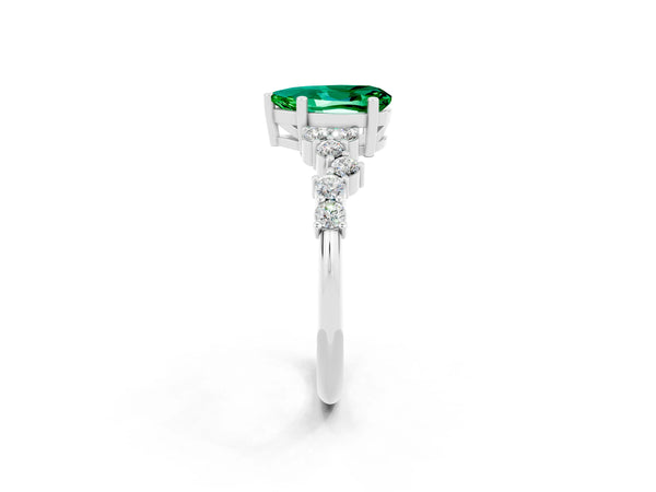 White gold Pear Cut Emerald Scattered Round Accent Ring with Prong Setting