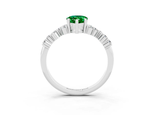 White gold Pear Cut Emerald Scattered Round Accent Ring with Prong Setting