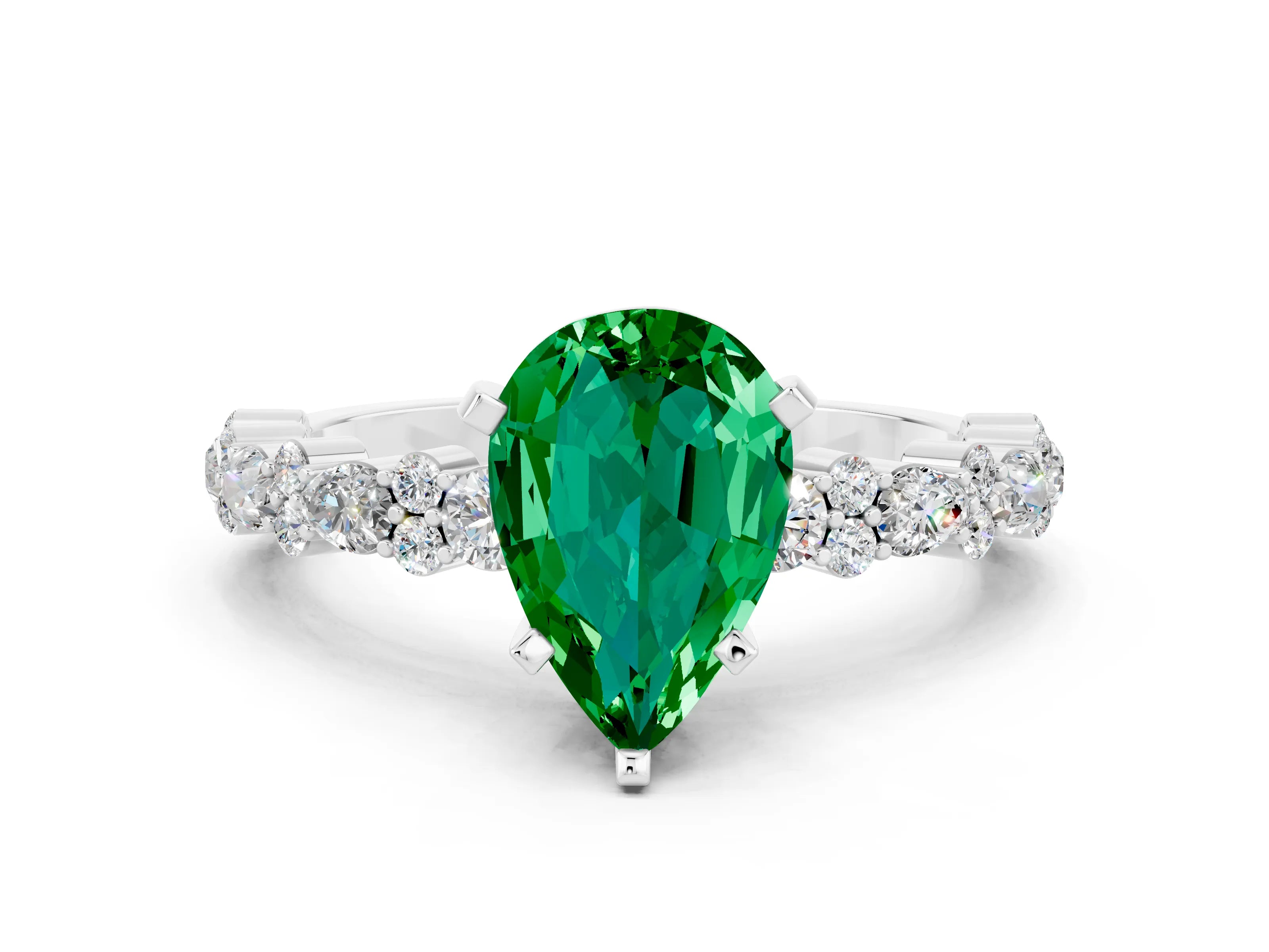 White gold Pear Cut Emerald Side Stone Solitaire Ring with Round  and Four-Prong Setting_48