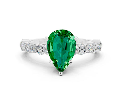 White gold Pear Cut Emerald Side Stone Solitaire Ring with Round  and Four-Prong Setting_48