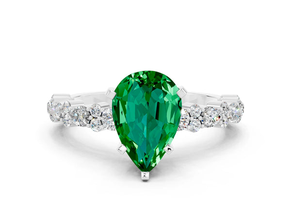 White gold Pear Cut Emerald Side Stone Solitaire Ring with Round  and Four-Prong Setting