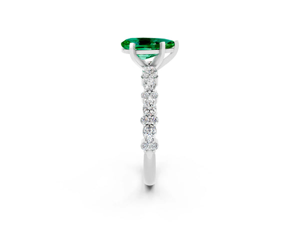 Platinum Pear Cut Emerald Side Stone Solitaire Ring with Round  and Four-Prong Setting