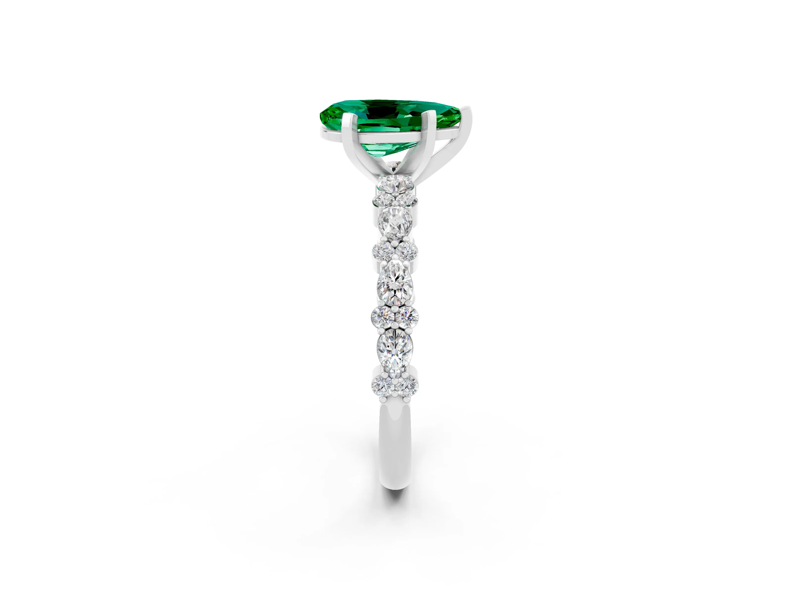 White gold Pear Cut Emerald Side Stone Solitaire Ring with Round  and Four-Prong Setting_50
