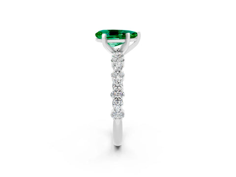 White gold Pear Cut Emerald Side Stone Solitaire Ring with Round  and Four-Prong Setting_50