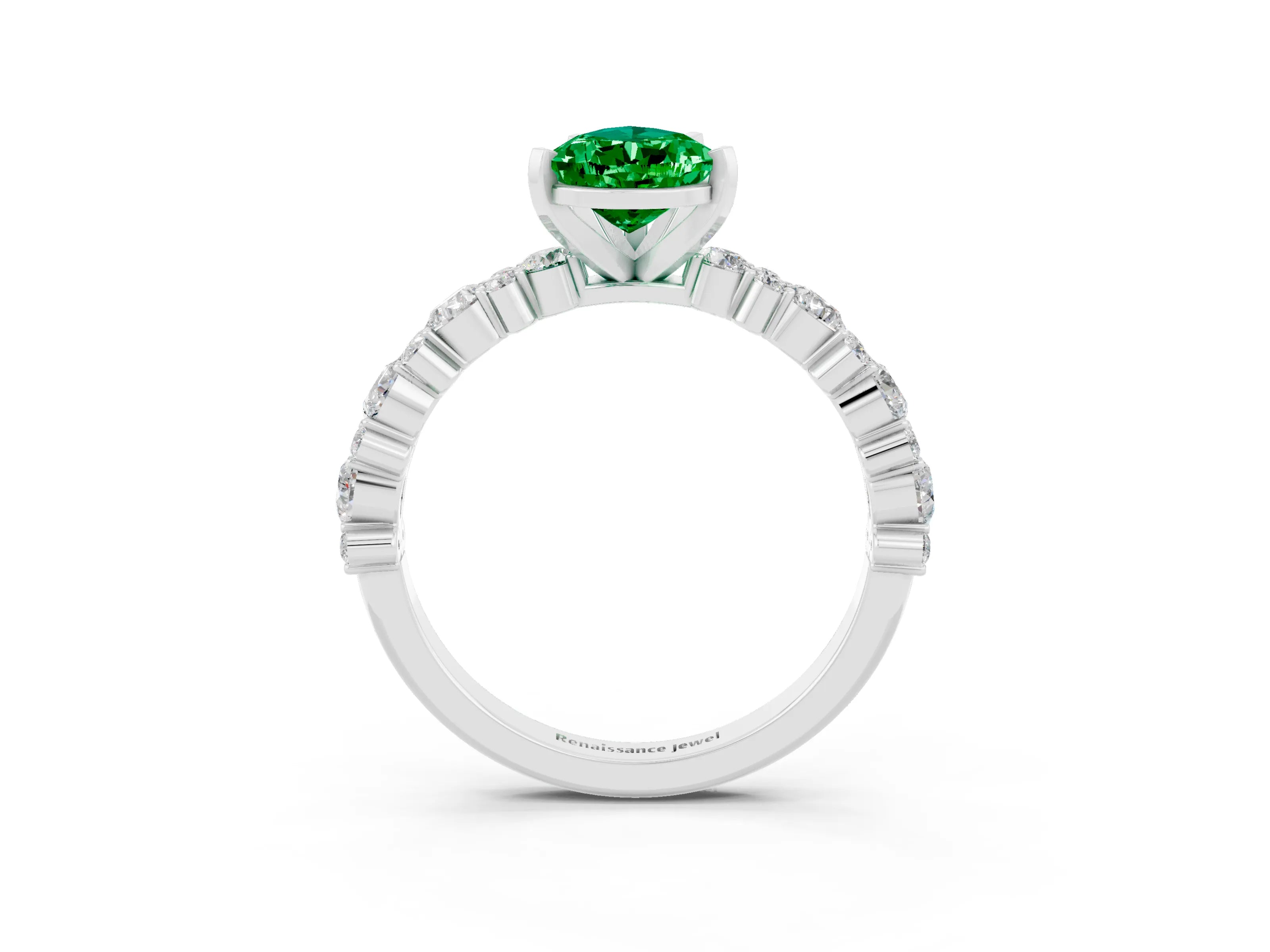White gold Pear Cut Emerald Side Stone Solitaire Ring with Round  and Four-Prong Setting_51