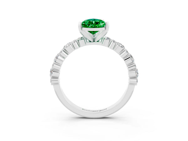 Platinum Pear Cut Emerald Side Stone Solitaire Ring with Round  and Four-Prong Setting