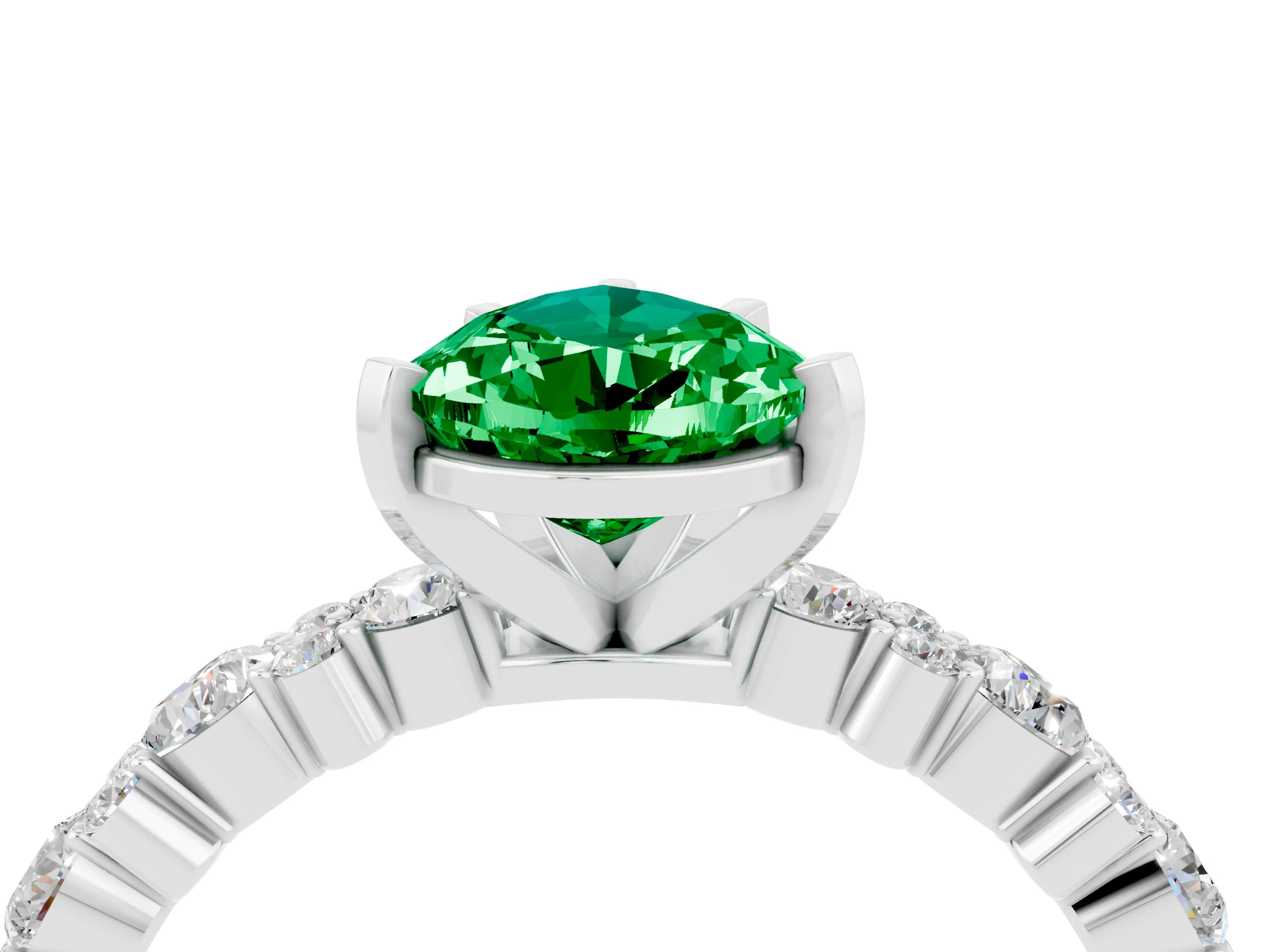White gold Pear Cut Emerald Side Stone Solitaire Ring with Round  and Four-Prong Setting_52