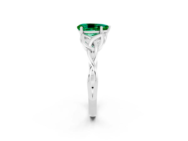 Platinum Pear Cut Emerald Solitaire Celtic Knot Ring with Four-Prong Setting