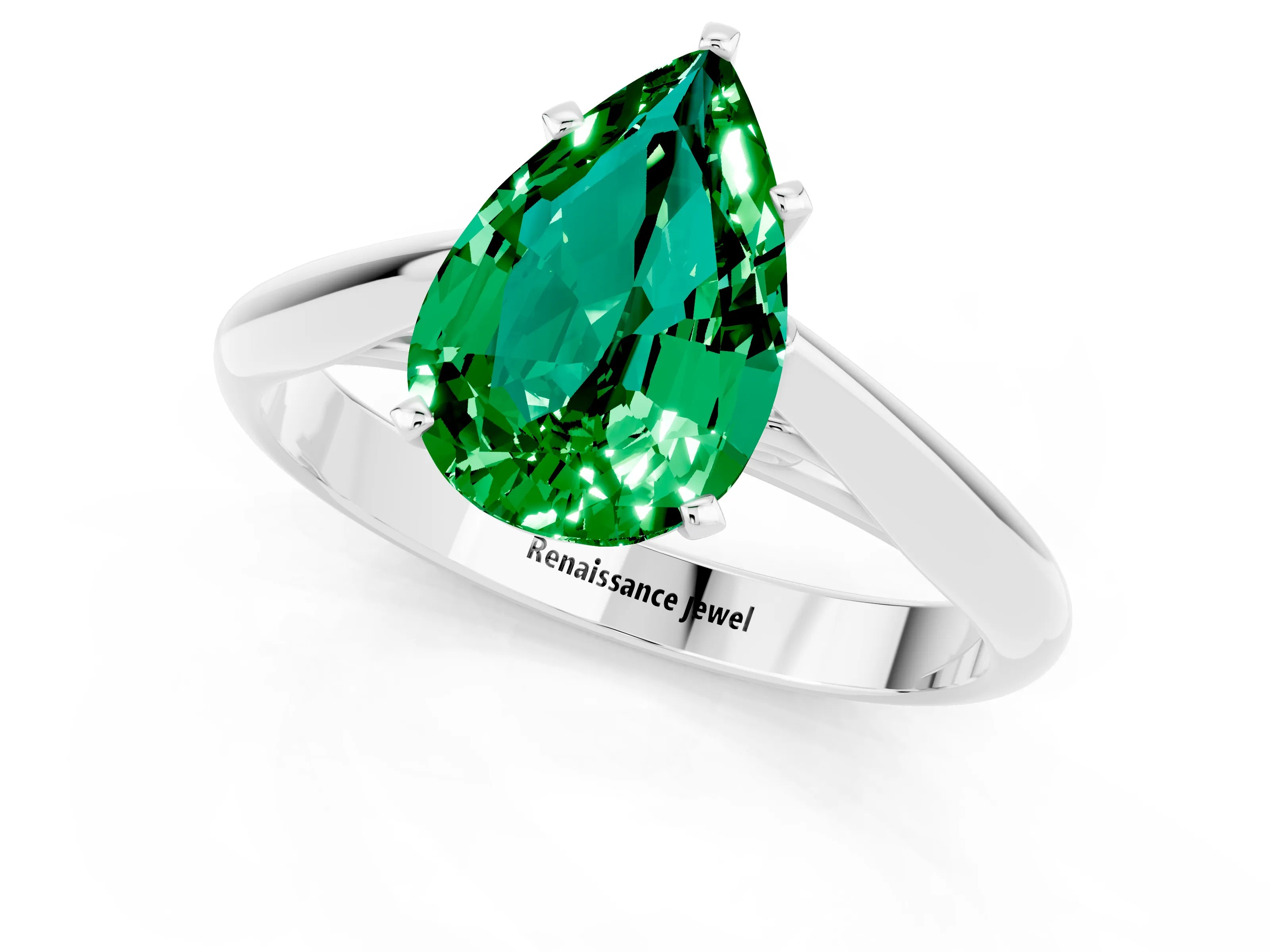 White gold Pear Cut Emerald Solitaire Engagement Ring with Cathedral Setting and Four-Prong Mount_25