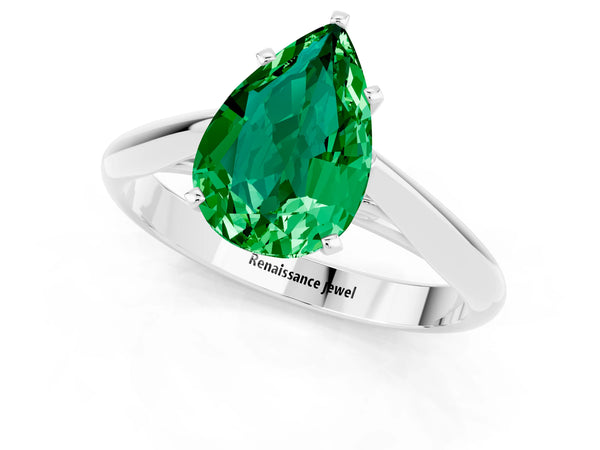 White gold Pear Cut Emerald Solitaire Engagement Ring with Cathedral Setting and Four-Prong Mount