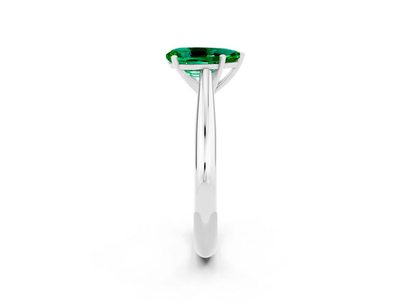 White gold Pear Cut Emerald Solitaire Engagement Ring with Cathedral Setting and Four-Prong Mount