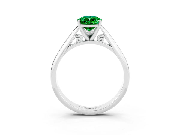 White gold Pear Cut Emerald Solitaire Engagement Ring with Cathedral Setting and Four-Prong Mount