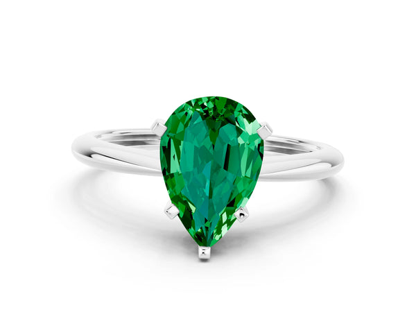 White gold Pear Cut Emerald Solitaire Engagement Ring with Classic Band and Four-Prong Setting