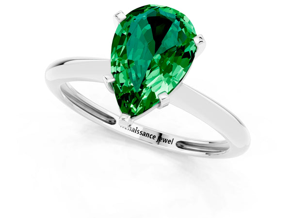 White gold Pear Cut Emerald Solitaire Engagement Ring with Classic Band and Four-Prong Setting