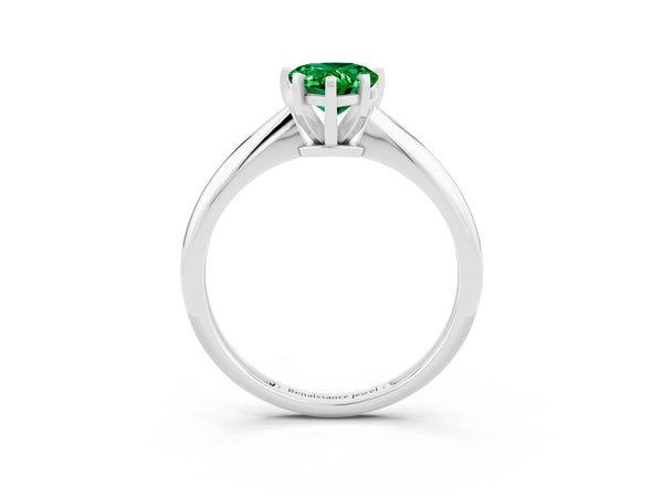 White gold Pear Cut Emerald Solitaire Engagement Ring with Classic Band and Four-Prong Setting