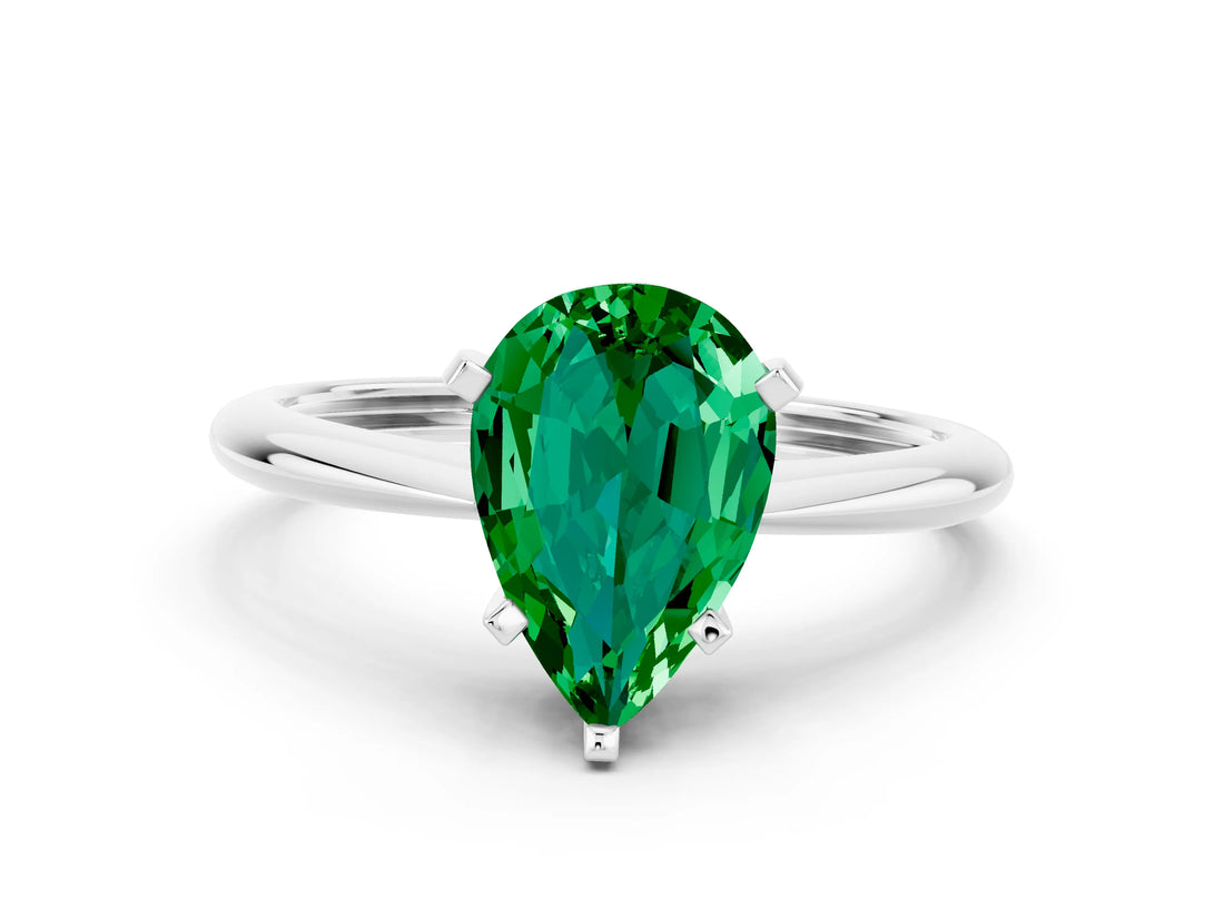 White gold Pear Cut Emerald Solitaire Engagement Ring with Classic Band and Four-Prong Setting_36