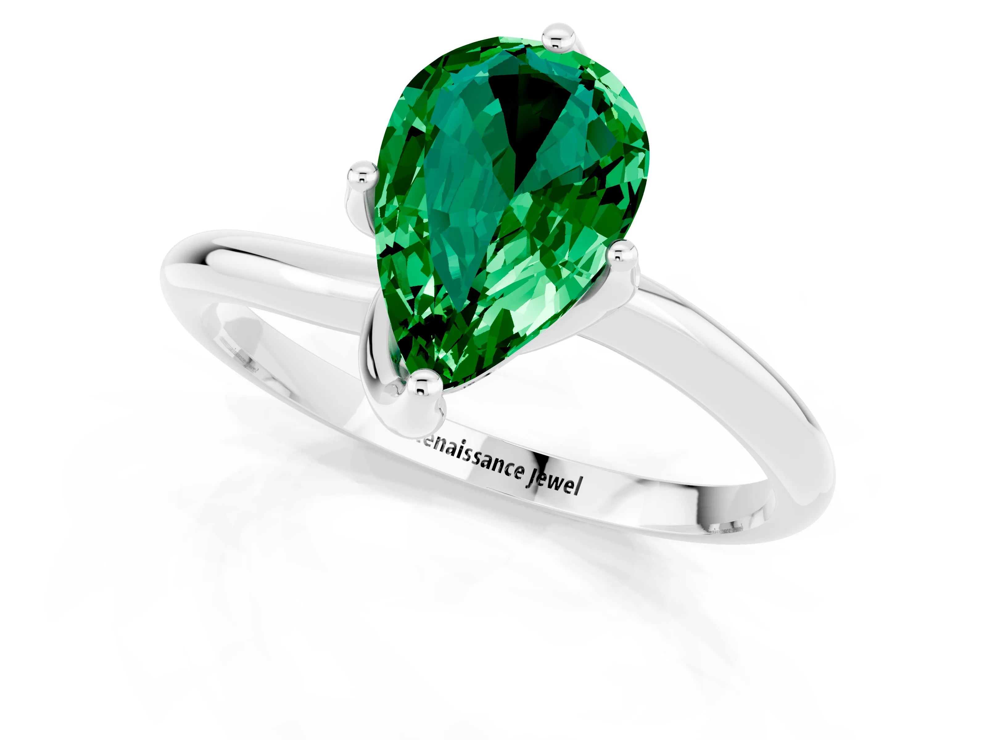 White gold Pear Cut Emerald Solitaire Engagement Ring with Four-Prong Setting and Classic Band_13