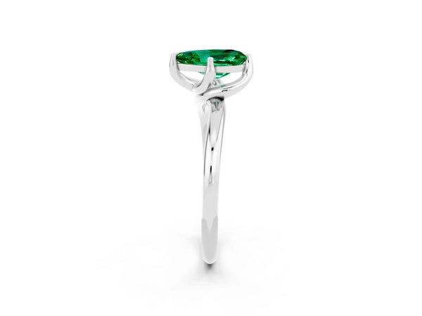 Silver Pear Cut Emerald Solitaire Engagement Ring with Four-Prong Setting and Classic Band