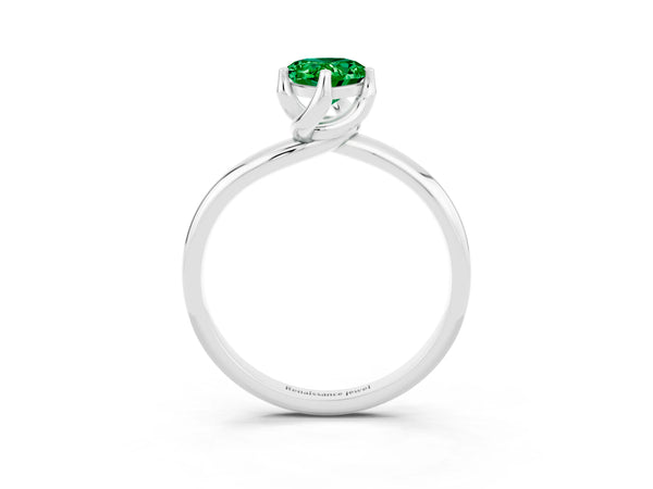 White gold Pear Cut Emerald Solitaire Engagement Ring with Four-Prong Setting and Classic Band