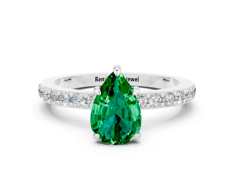 White gold Pear Cut Emerald Solitaire Engagement Ring with Pavé Band and Four-Prong Setting