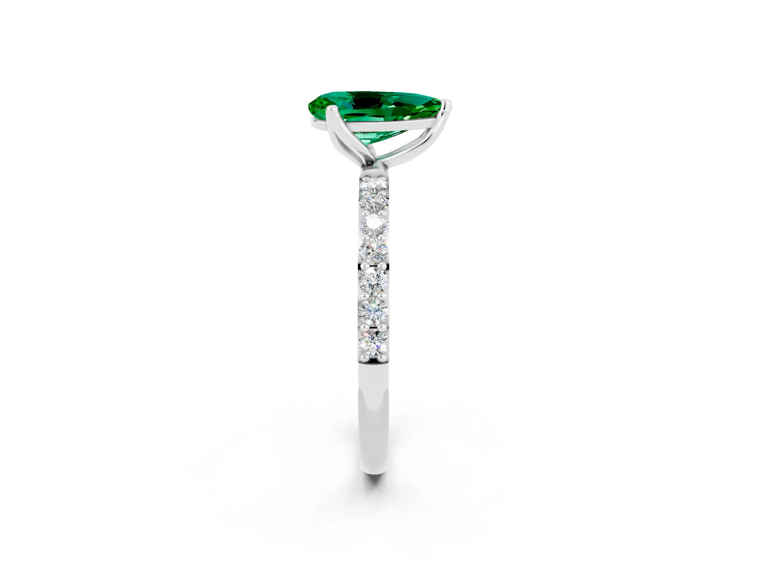 White gold Pear Cut Emerald Solitaire Engagement Ring with Pavé Band and Prong Setting_2
