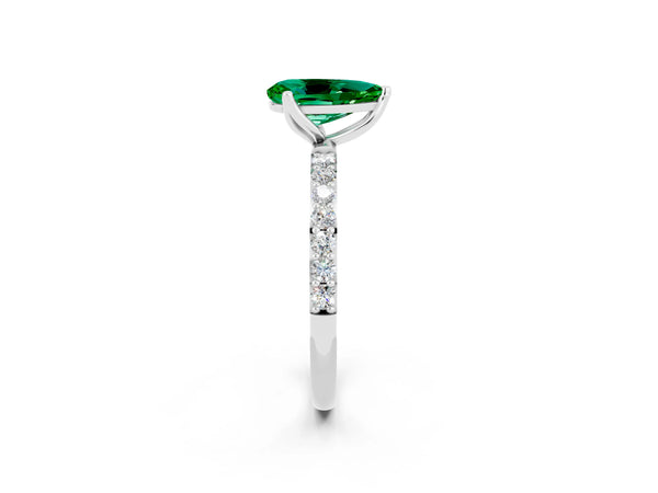 Silver Pear Cut Emerald Solitaire Engagement Ring with Round  Pavé Band and Prong Setting