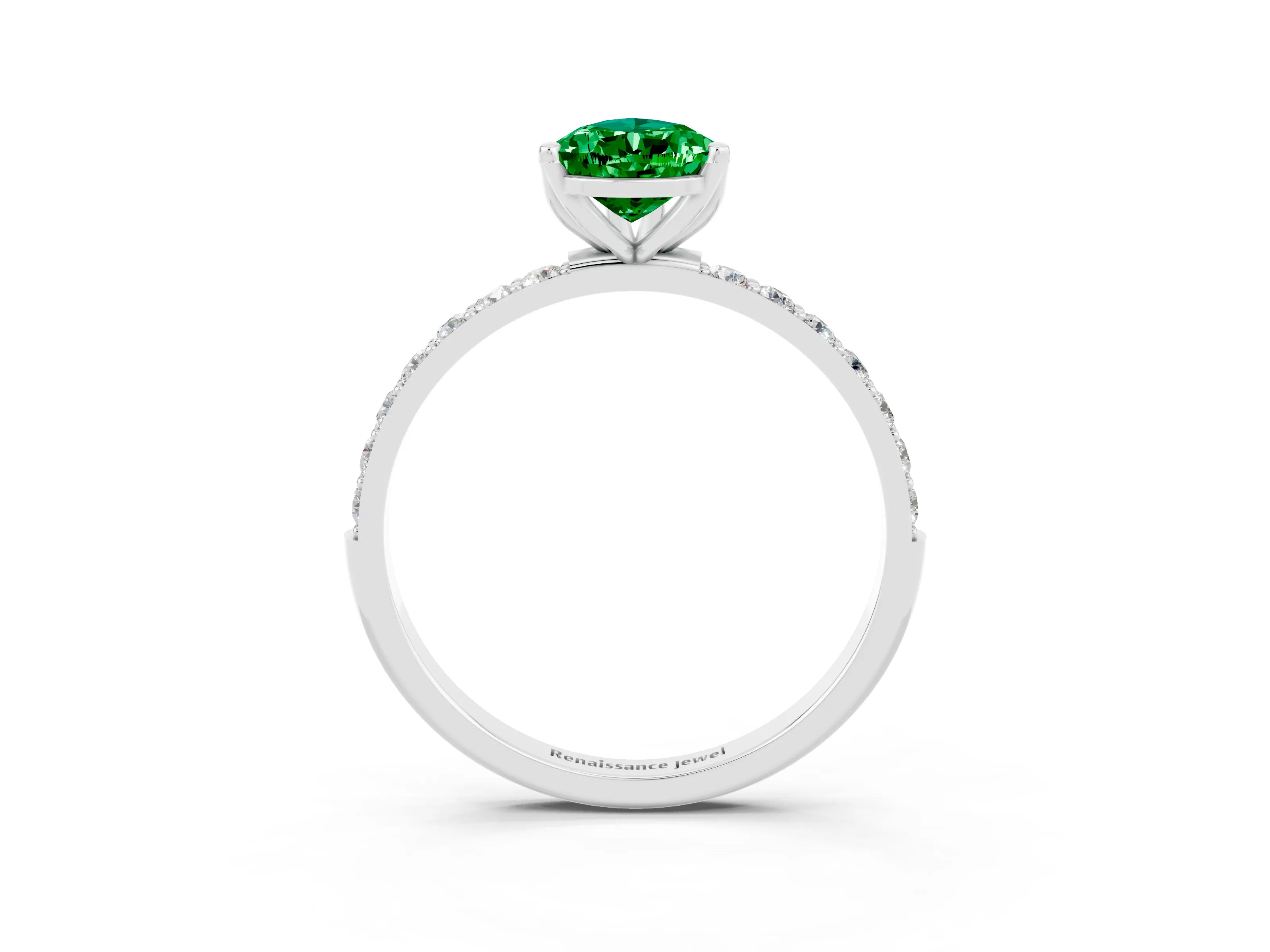 White gold Pear Cut Emerald Solitaire Engagement Ring with Pavé Band and Prong Setting_3