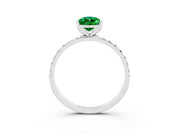 Silver Pear Cut Emerald Solitaire Engagement Ring with Round  Pavé Band and Prong Setting