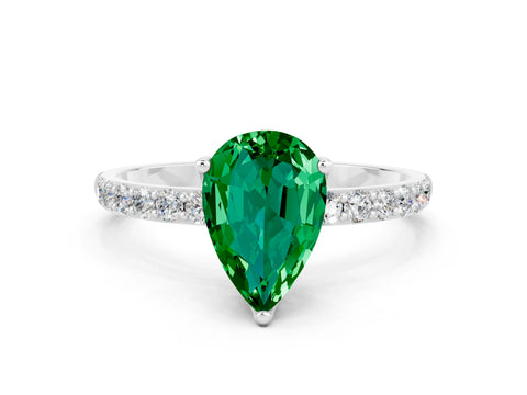 White gold Pear Cut Emerald Solitaire Engagement Ring with Pavé Band and Prong Setting