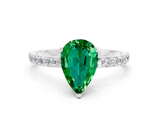 Silver Pear Cut Emerald Solitaire Engagement Ring with Round  Pavé Band and Prong Setting