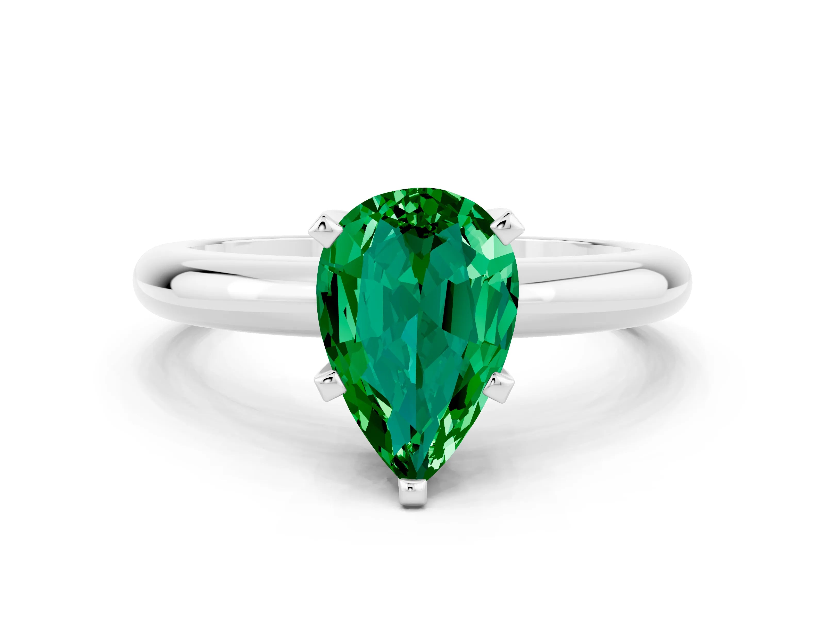 White gold Pear Cut Emerald Solitaire Engagement Ring with Round Band and Four-Prong Setting_12