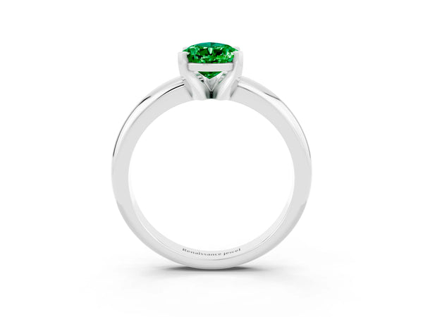 Silver Pear Cut Emerald Solitaire Engagement Ring with Round Band and Four-Prong Setting