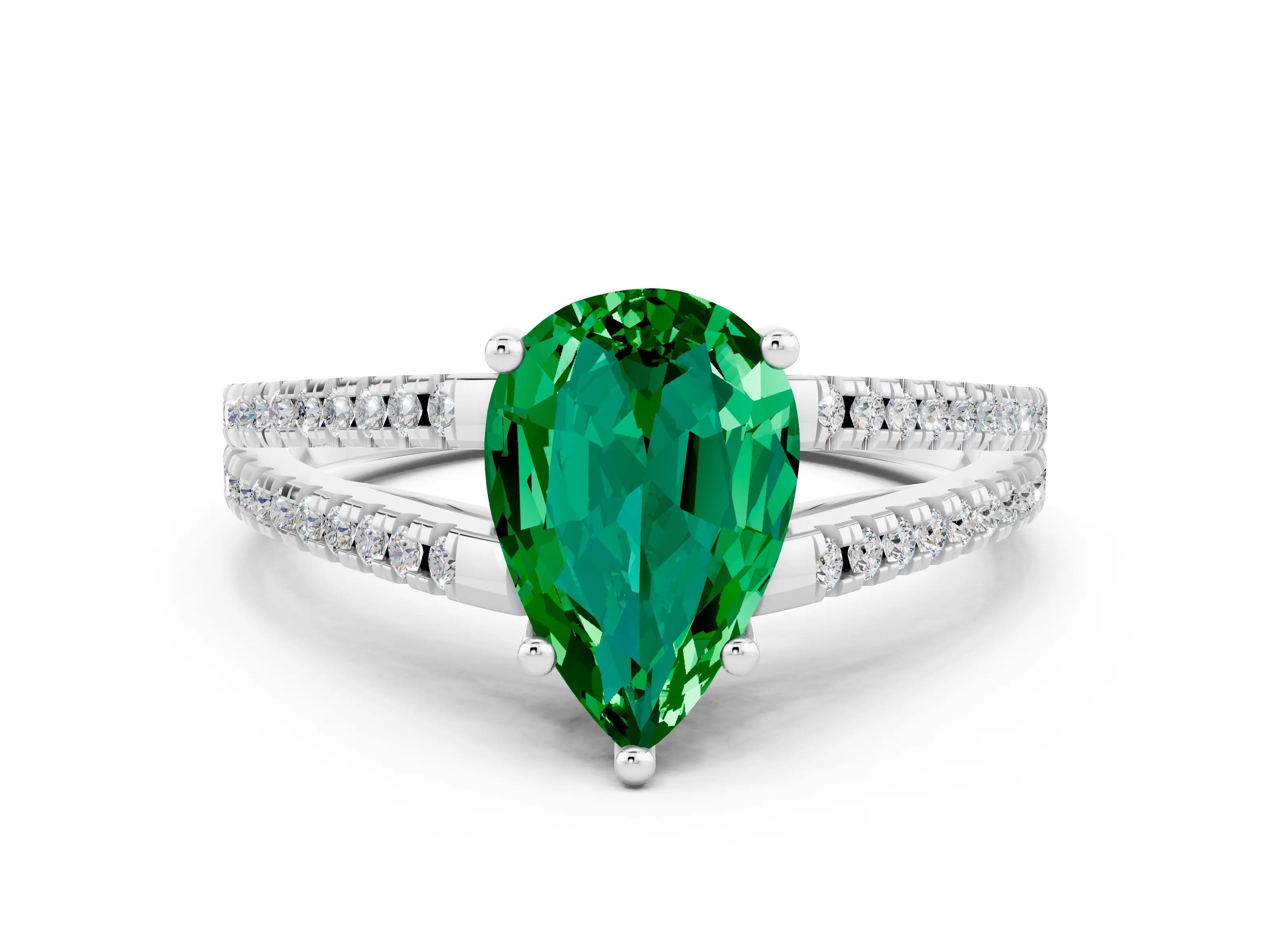 White gold Pear Cut Emerald Solitaire Engagement Ring with Split Shank Pavé Band
