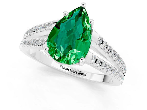 White gold Pear Cut Emerald Solitaire Engagement Ring with Split Shank Pavé Band